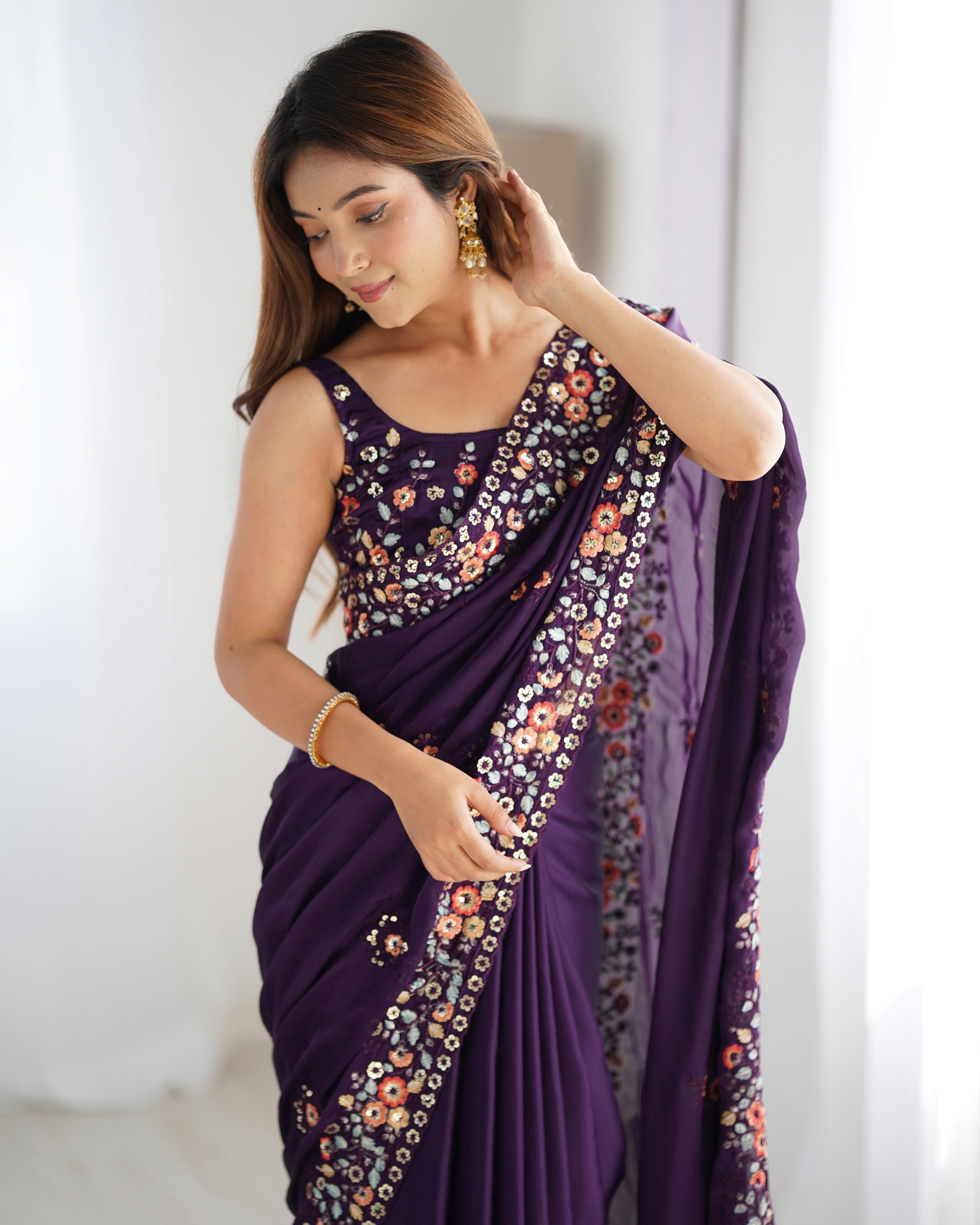 Regal Purple Satin Chiffon Festive Saree