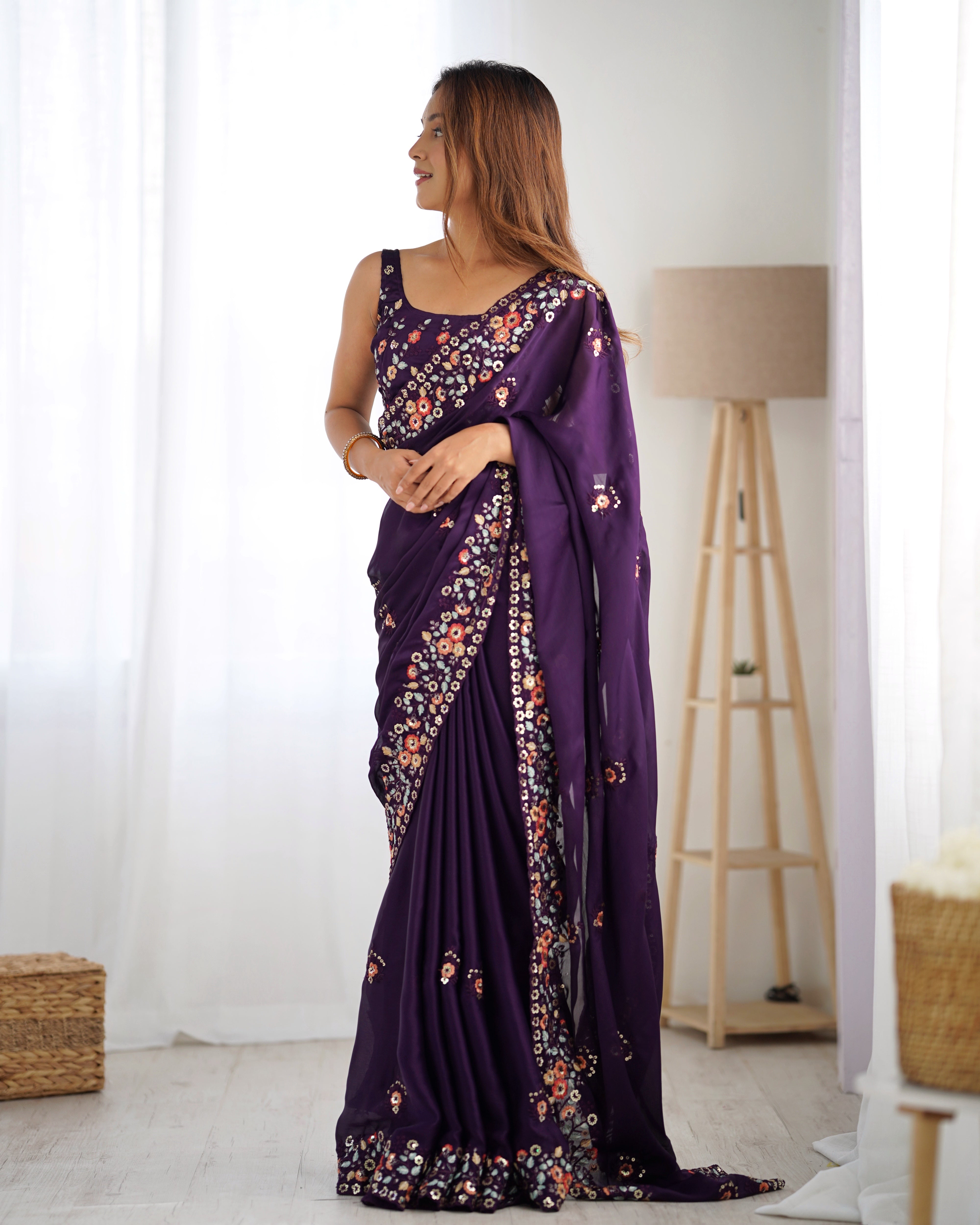 Regal Purple Satin Chiffon Festive Saree