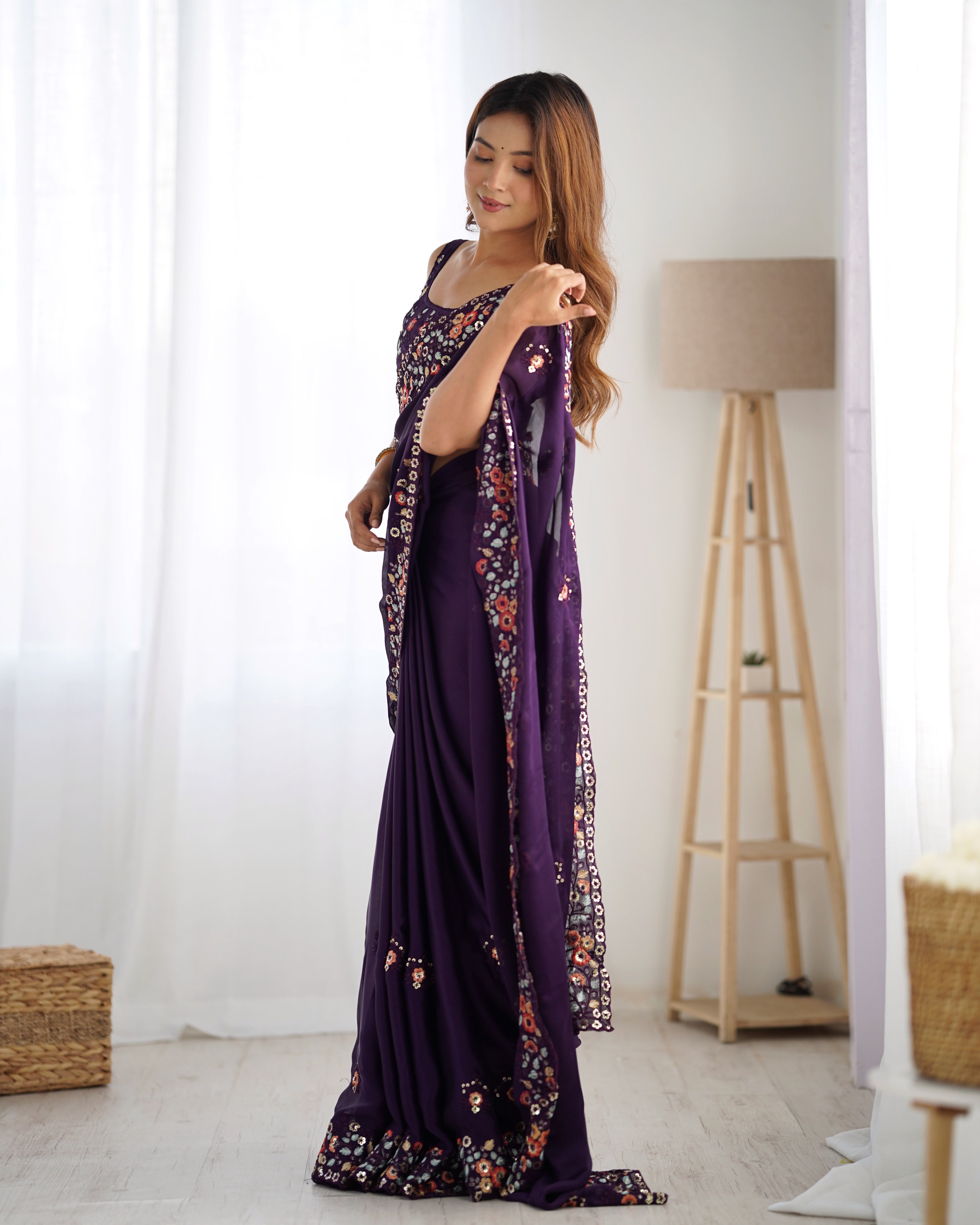 Regal Purple Satin Chiffon Festive Saree