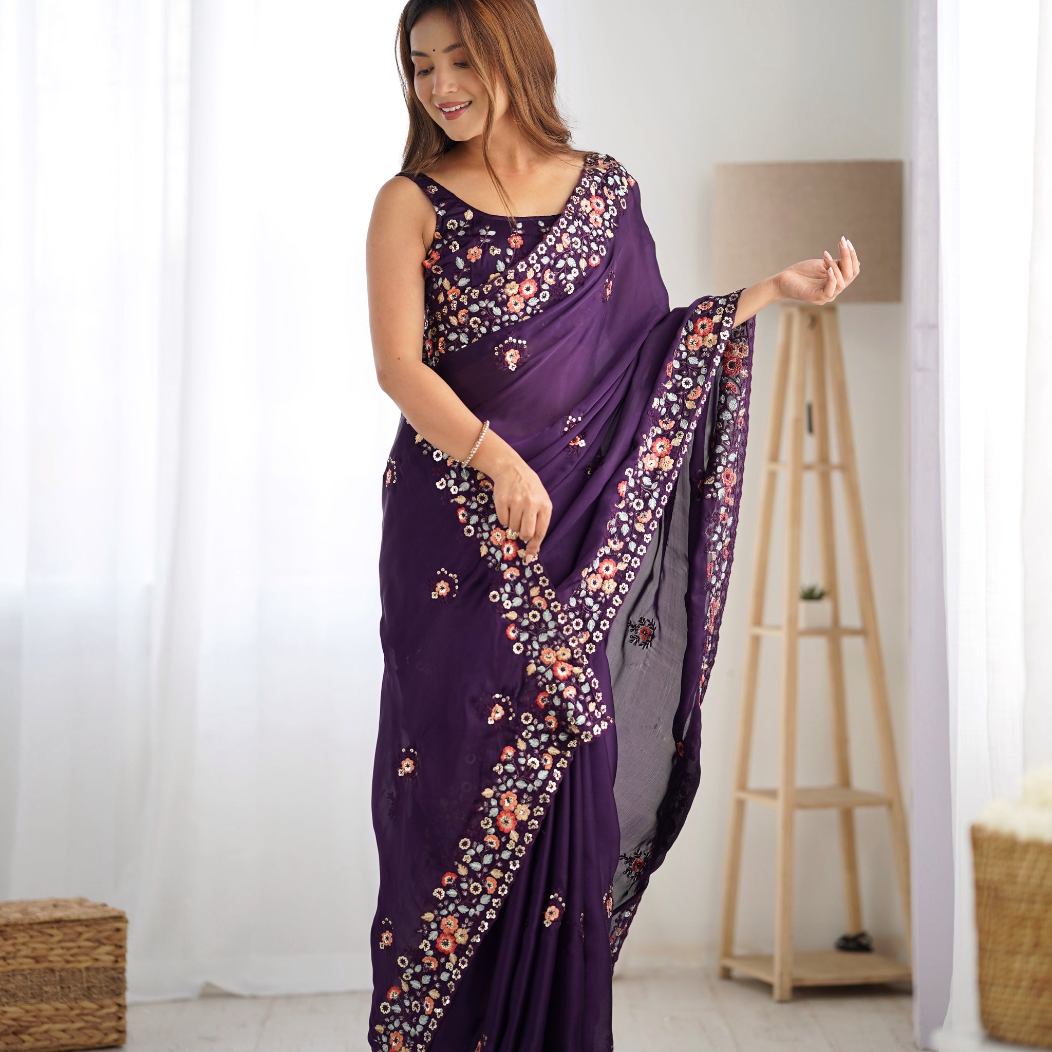 Regal Purple Satin Chiffon Festive Saree