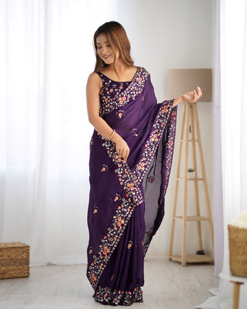 Regal Purple Satin Chiffon Festive Saree