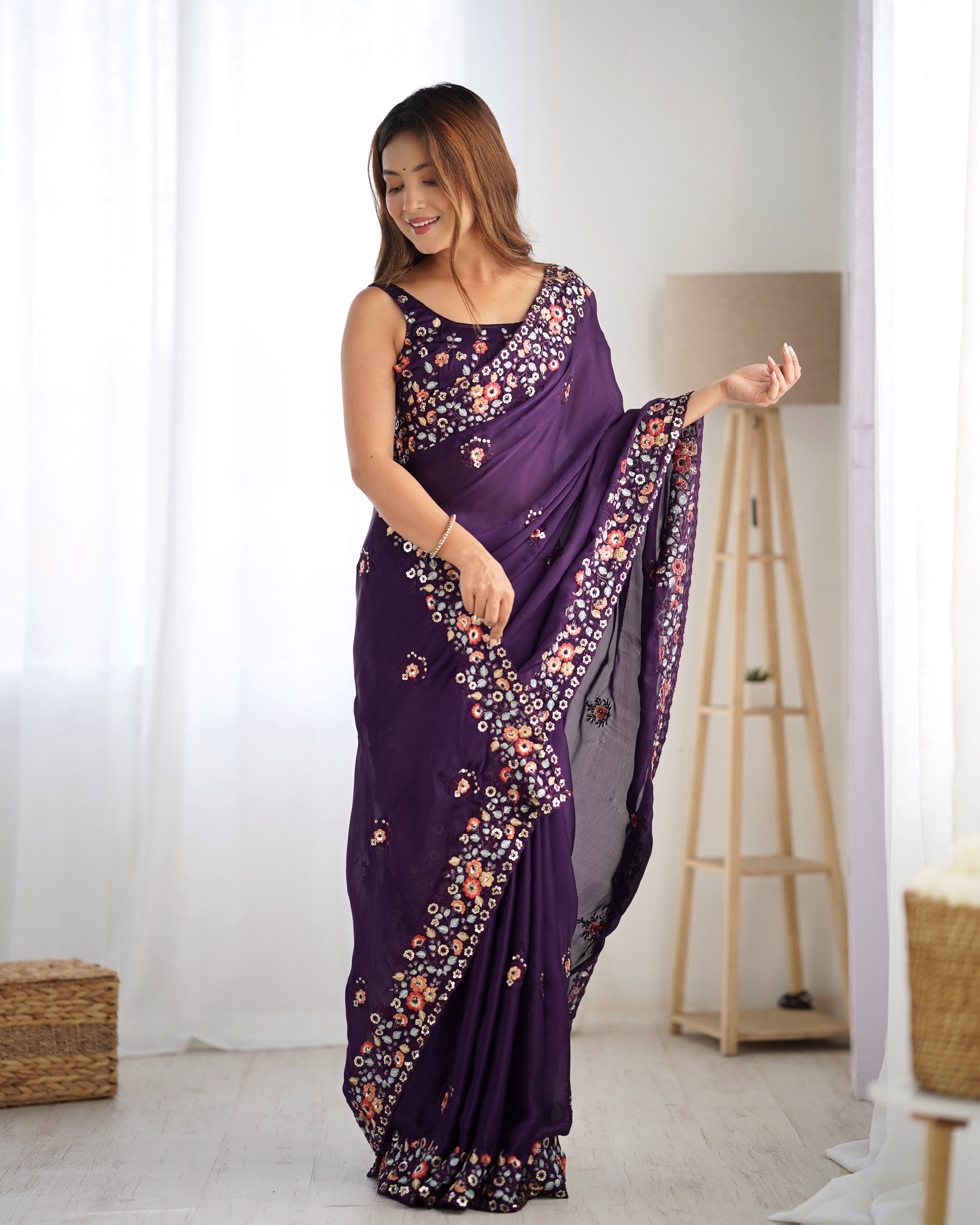 Regal Purple Satin Chiffon Festive Saree
