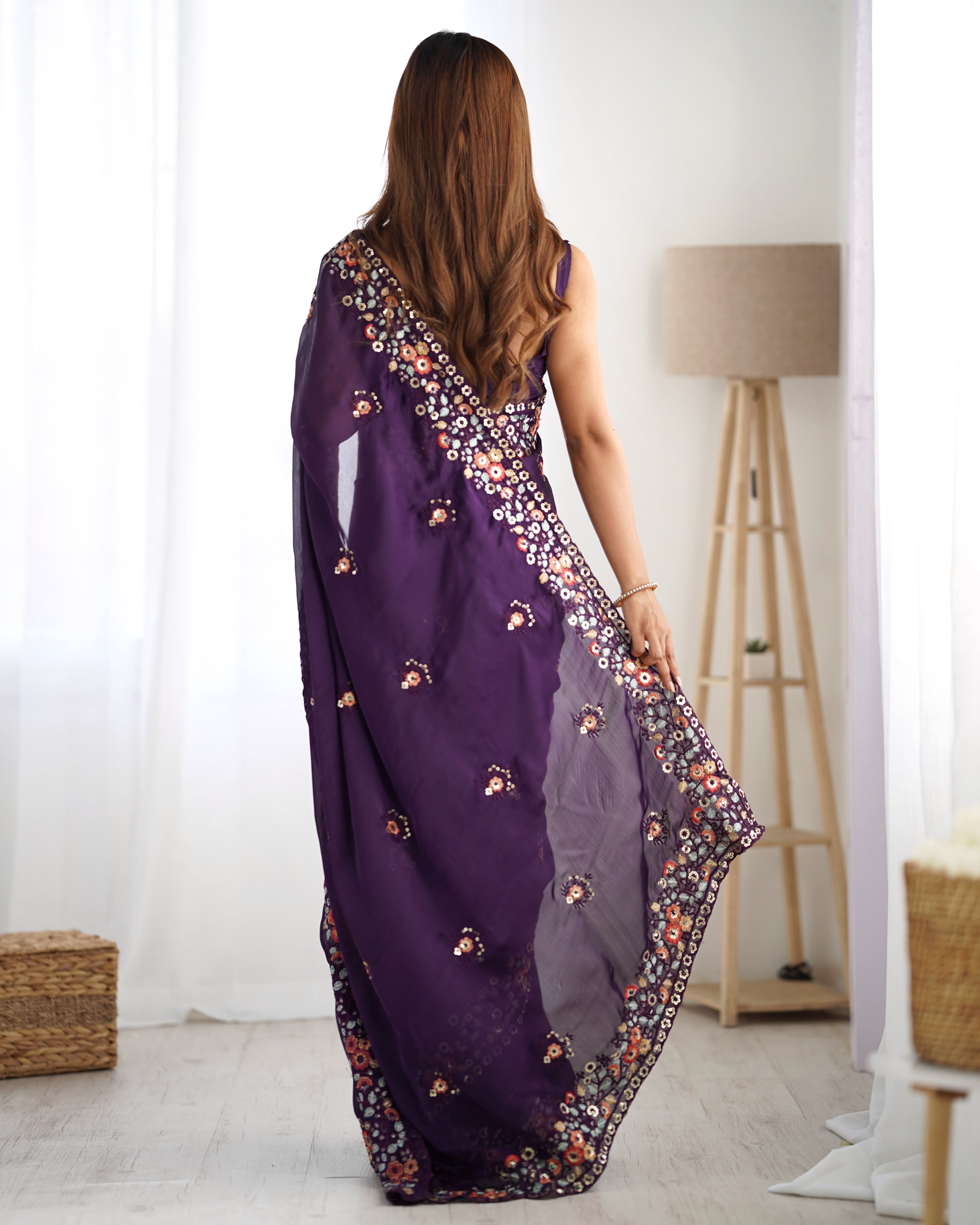 Regal Purple Satin Chiffon Festive Saree