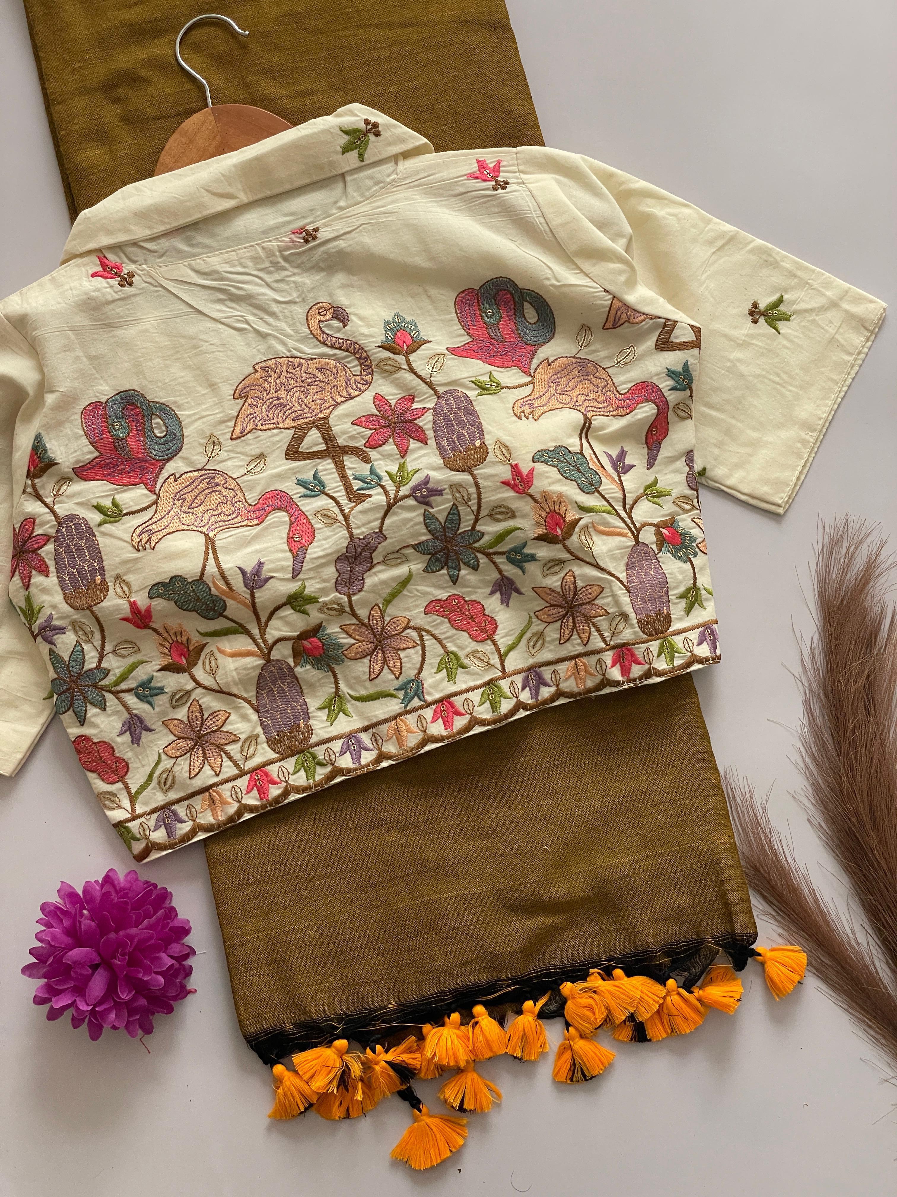 Khadi Cotton Saree With Khadi Cotton Collar Neck Blouse