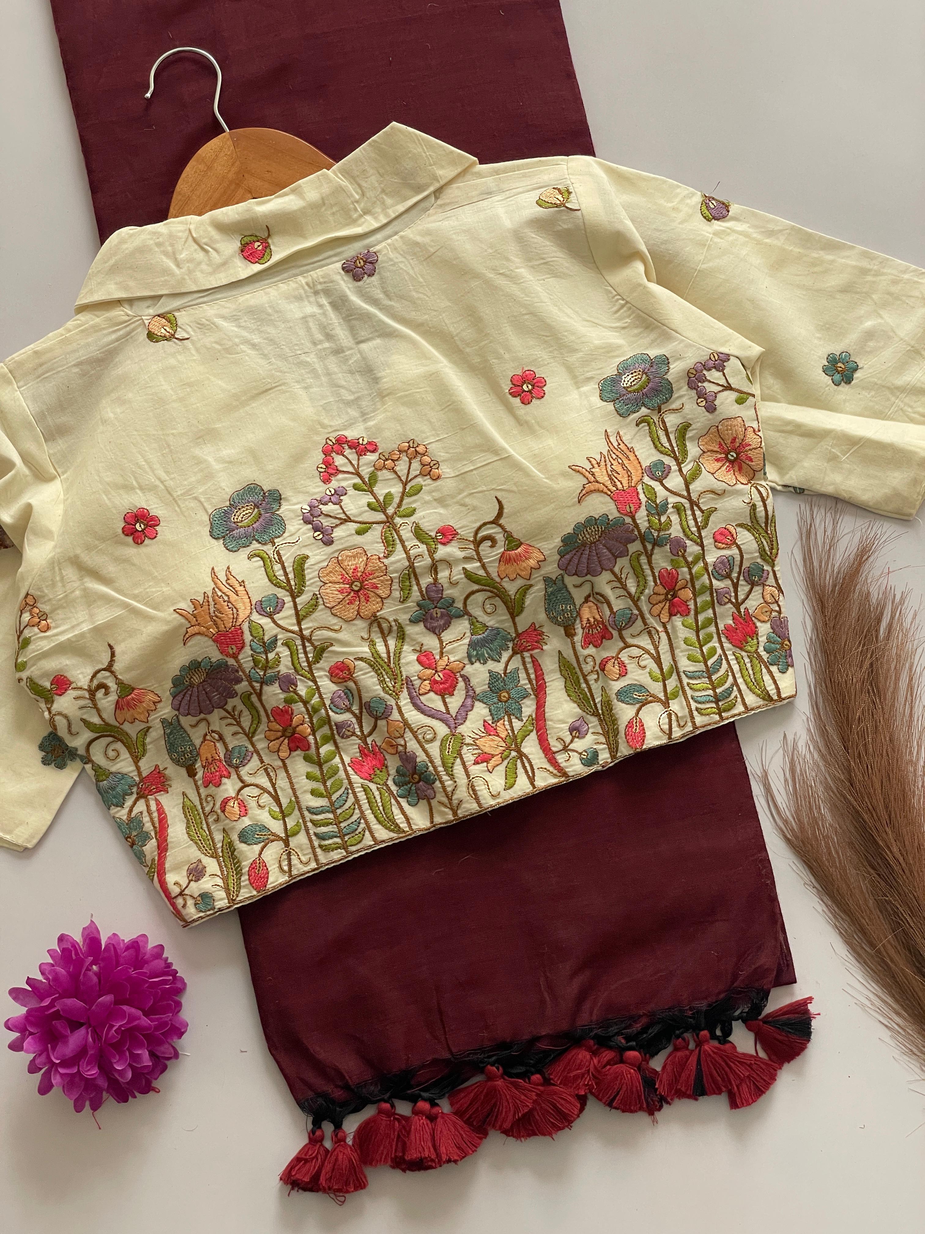 Khadi Cotton Saree With Khadi Cotton Collar Neck Blouse