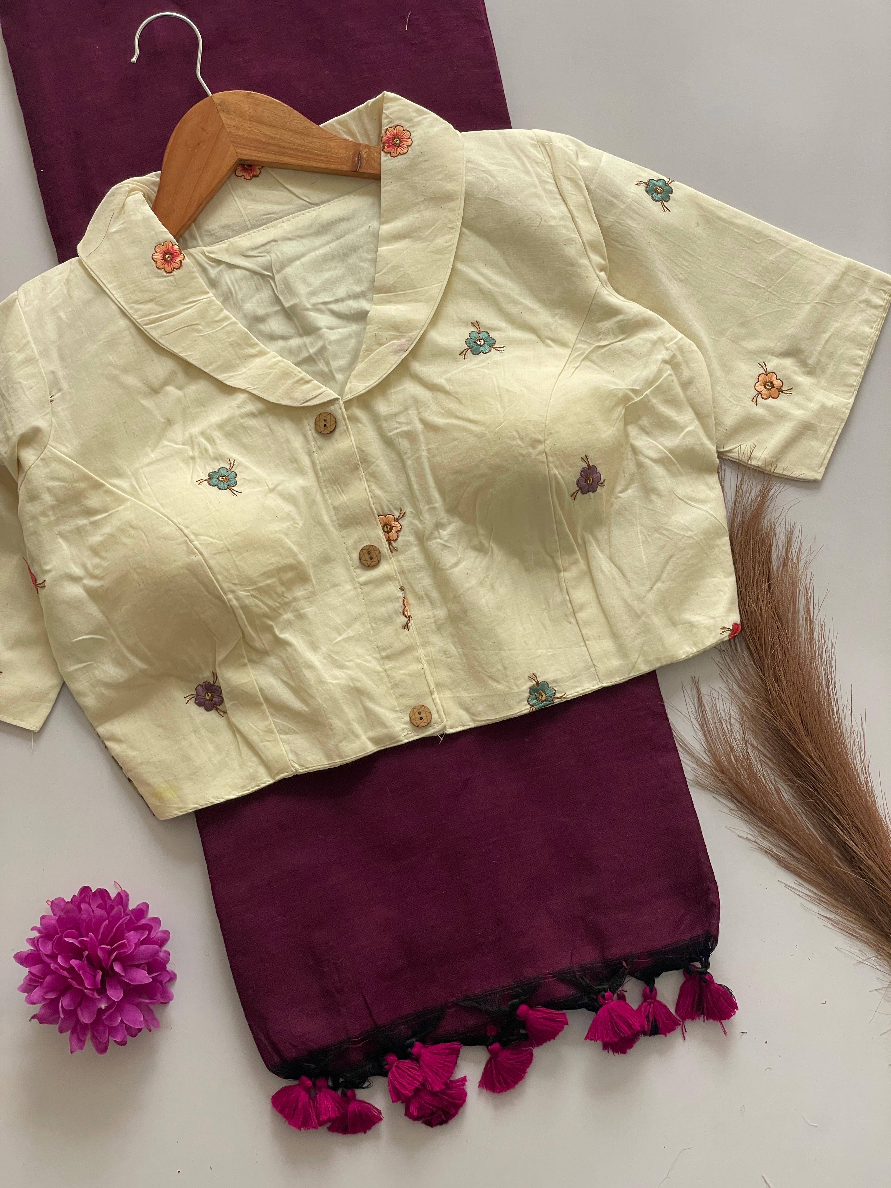 Khadi Cotton Saree With Khadi Cotton Collar Neck Blouse