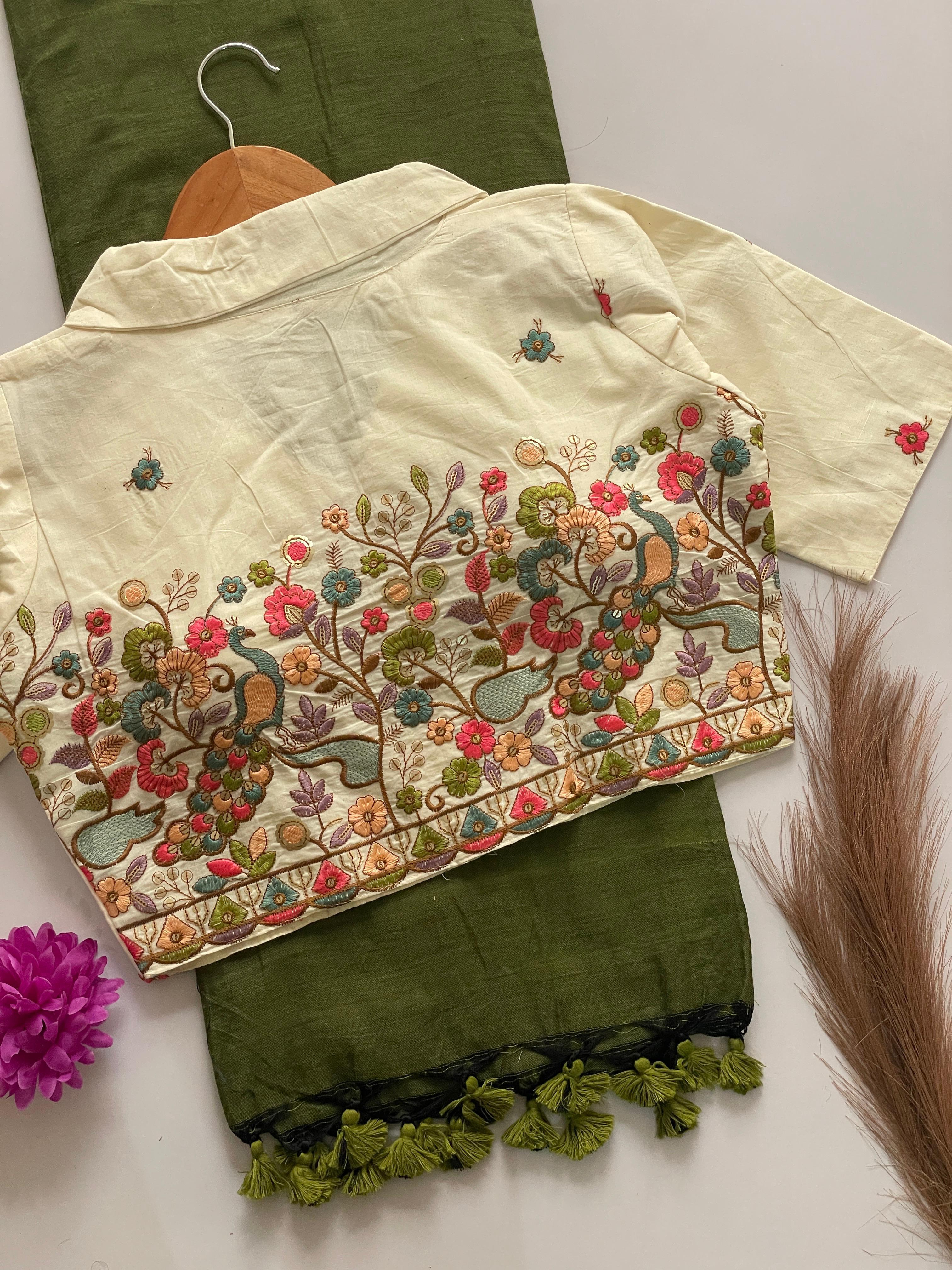 Khadi Cotton Saree With Khadi Cotton Collar Neck Blouse