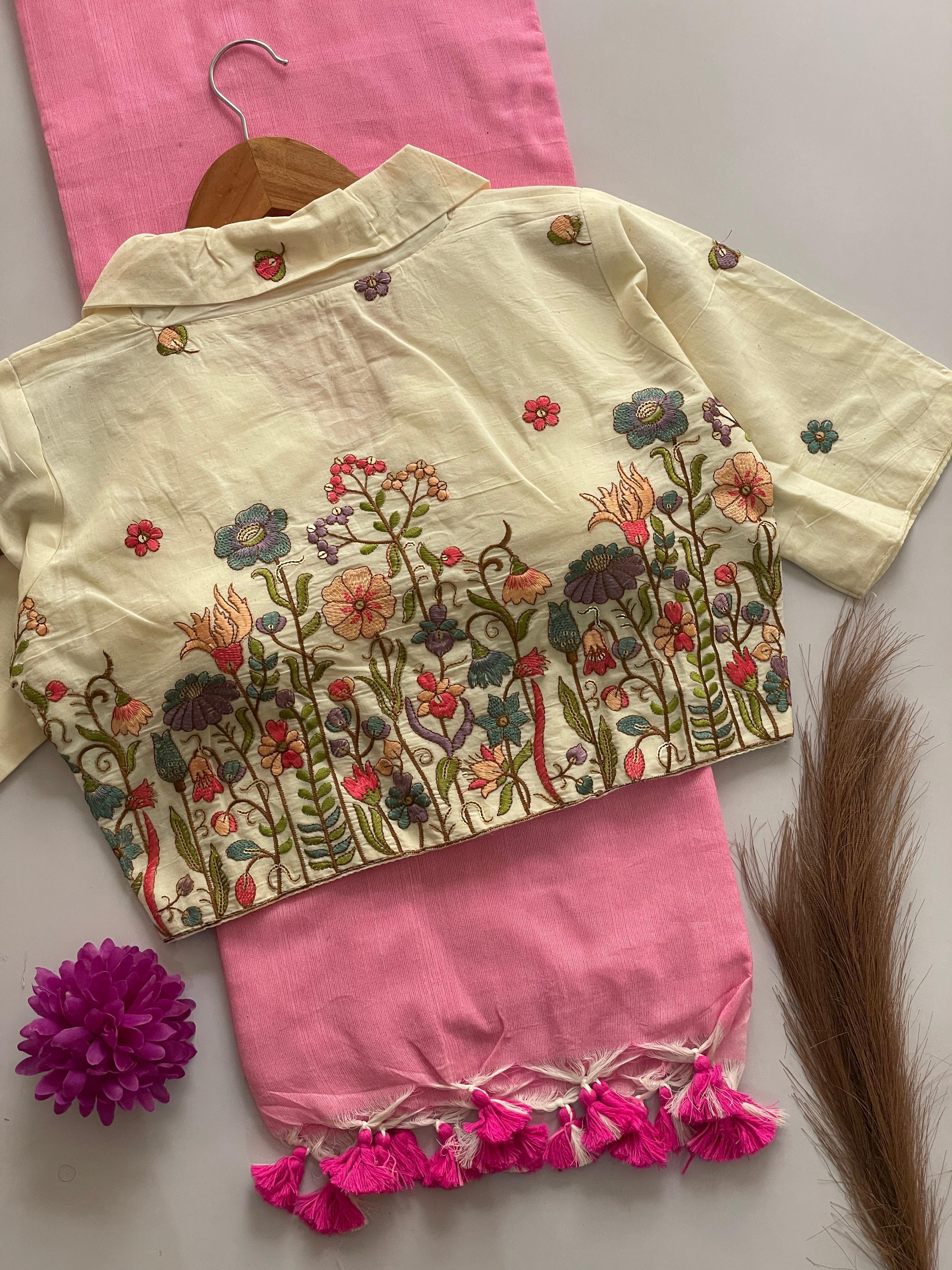 Khadi Cotton Saree With Khadi Cotton Collar Neck Blouse