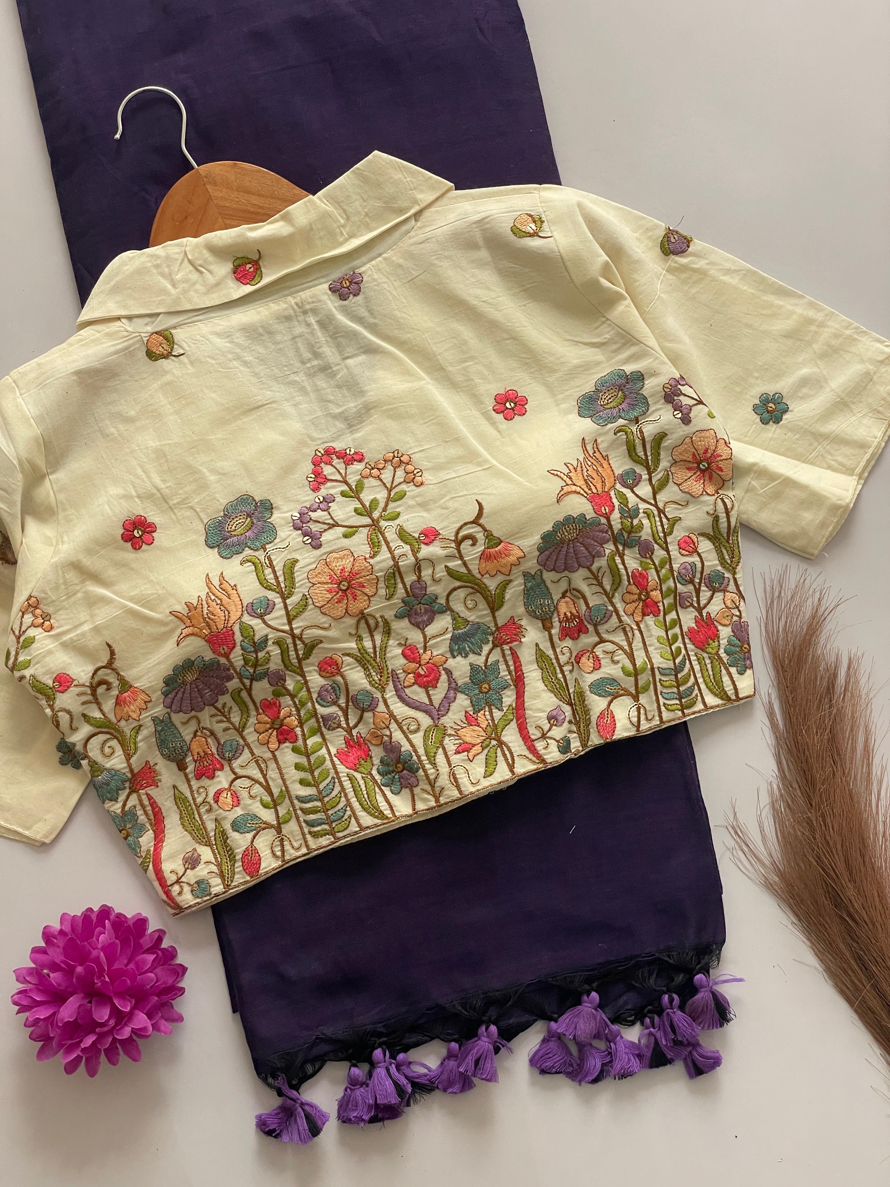 Khadi Cotton Saree With Khadi Cotton Collar Neck Blouse