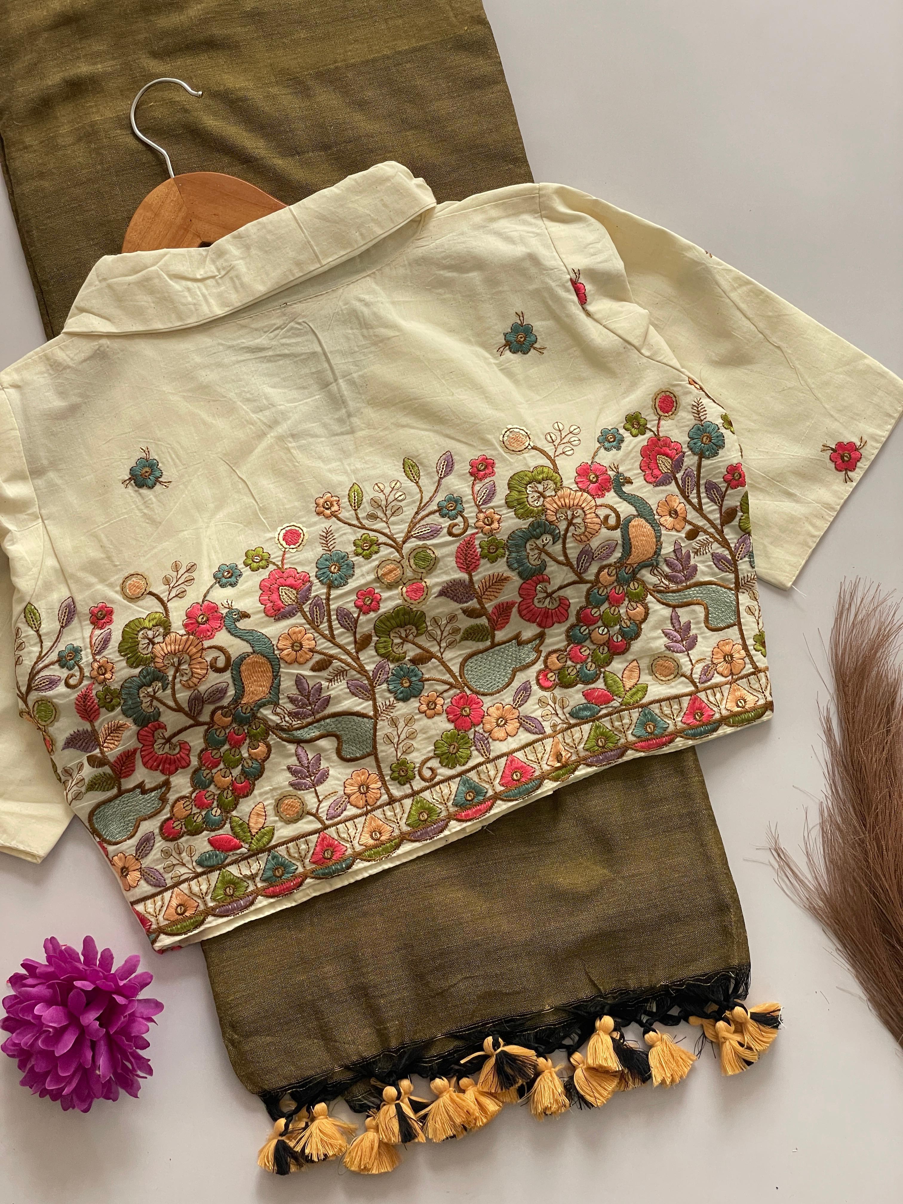 Khadi Cotton Saree With Khadi Cotton Collar Neck Blouse