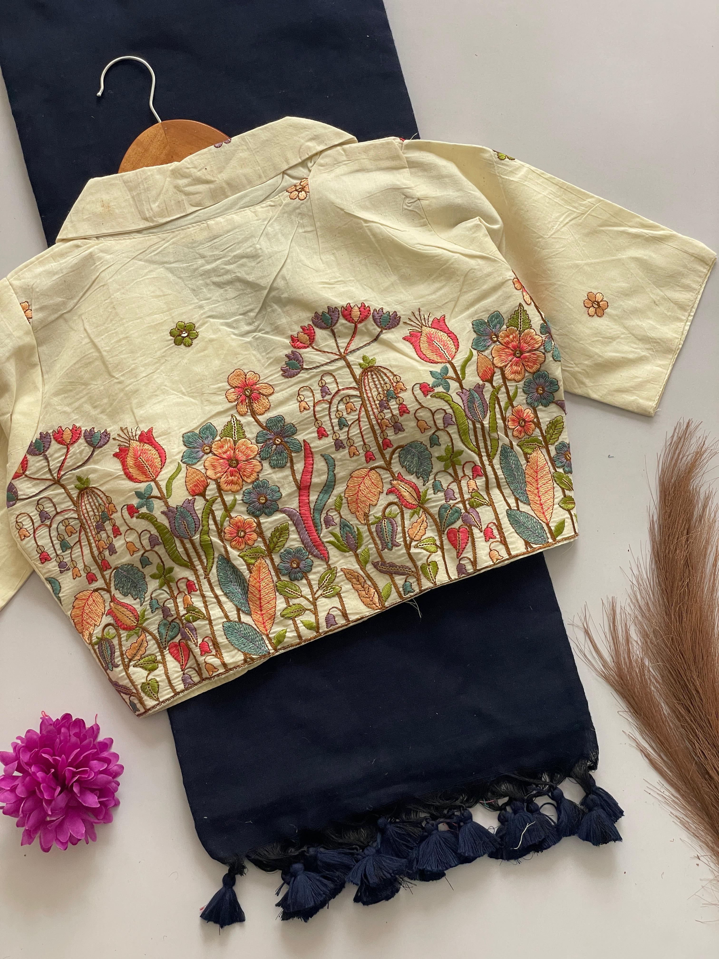 Khadi Cotton Saree With Khadi Cotton Collar Neck Blouse