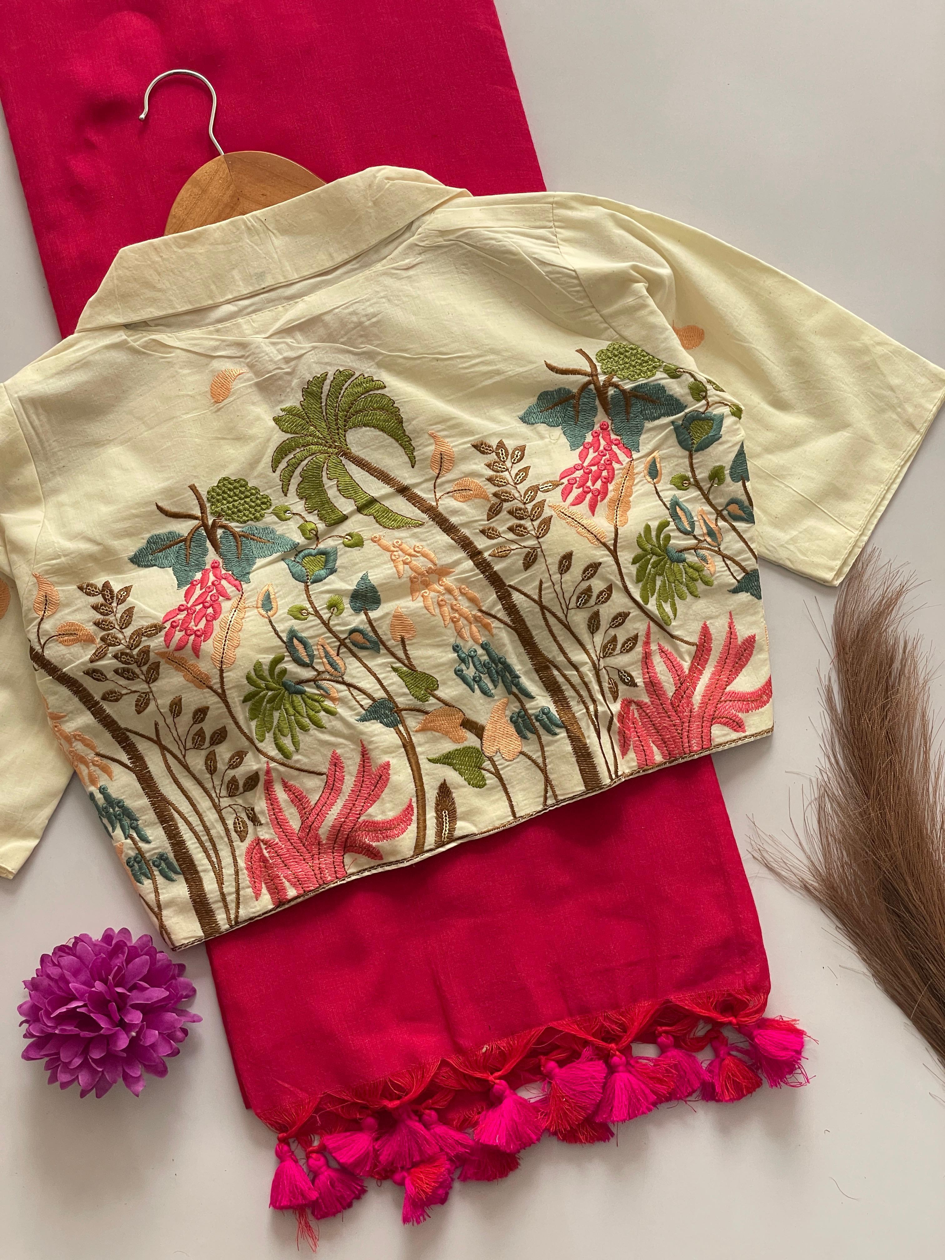 Khadi Cotton Saree With Khadi Cotton Collar Neck Blouse