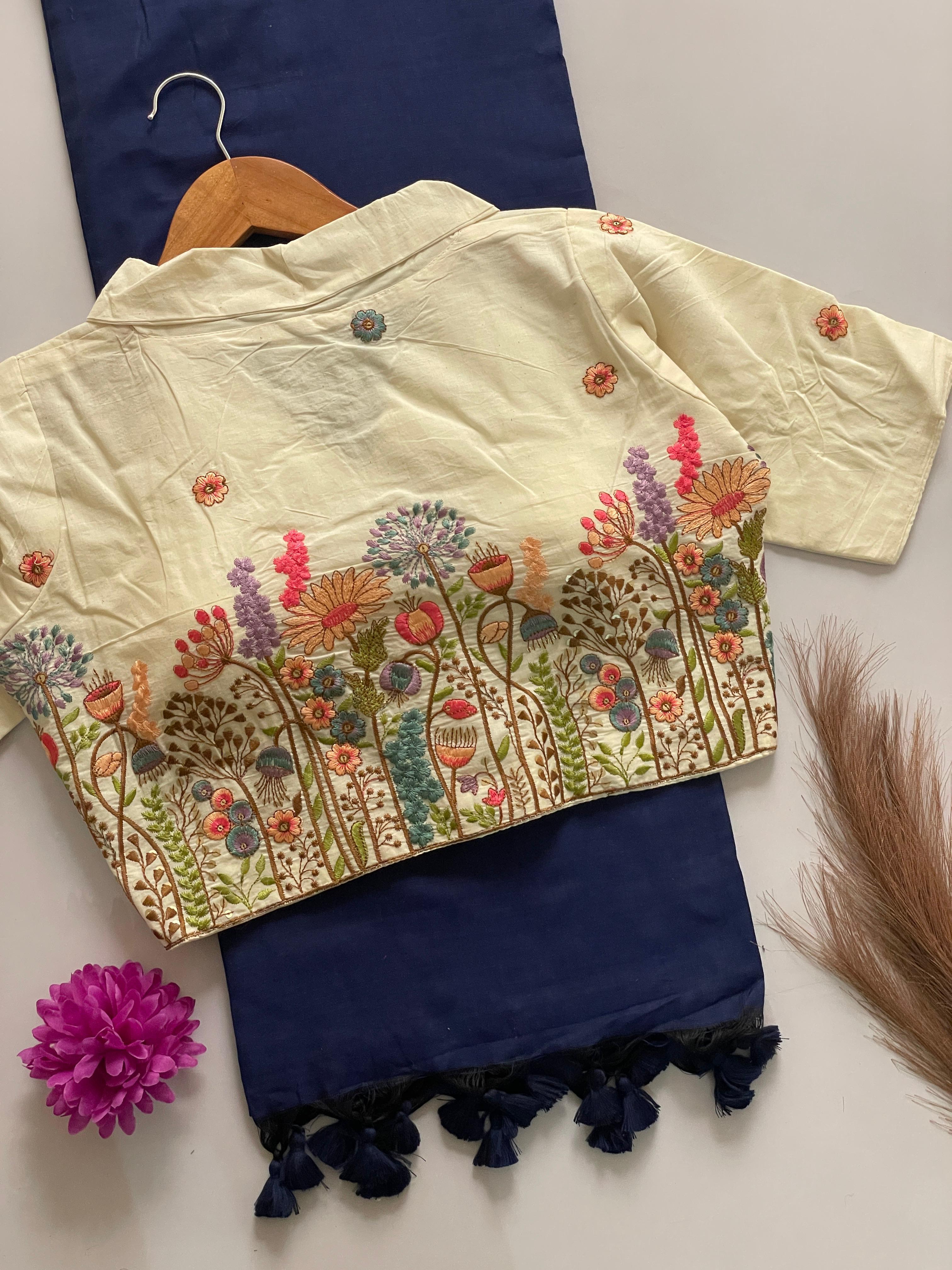 Khadi Cotton Saree With Khadi Cotton Collar Neck Blouse