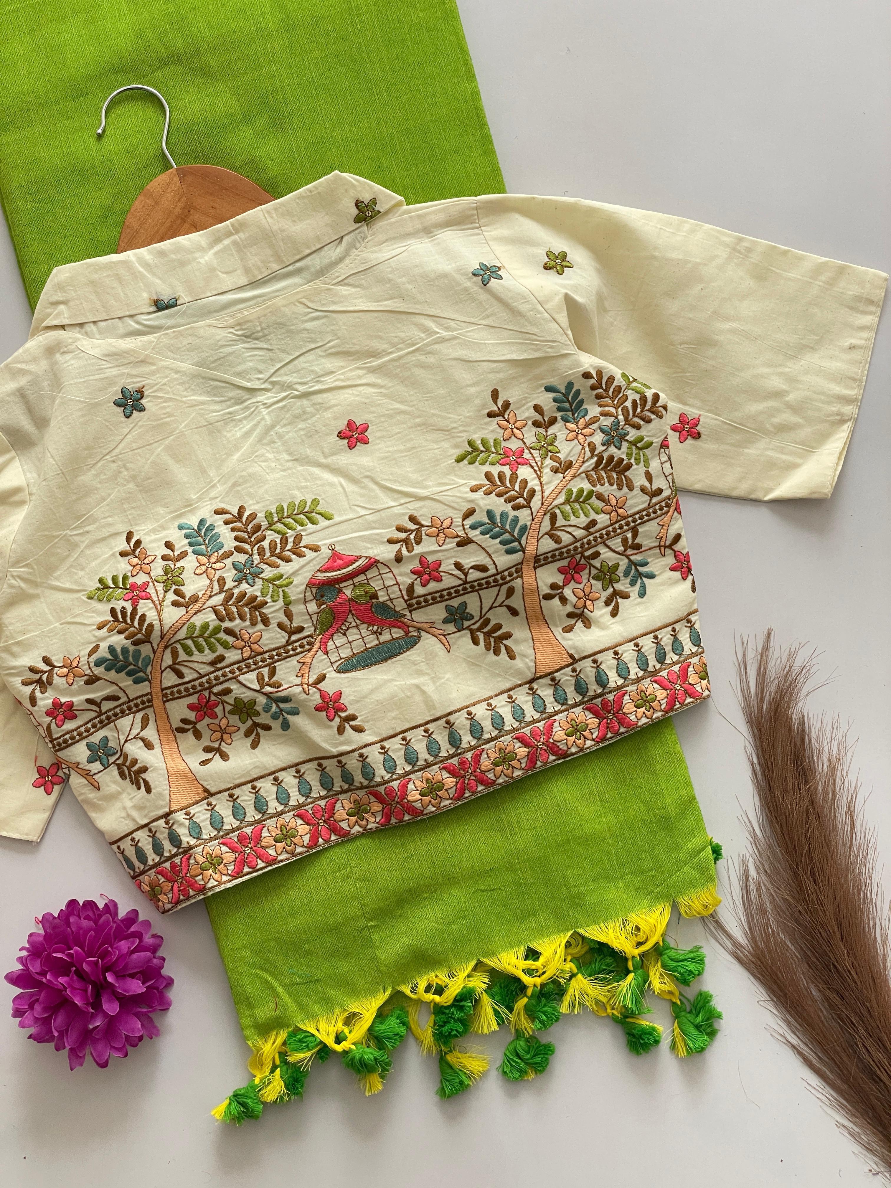 Khadi Cotton Saree With Khadi Cotton Collar Neck Blouse