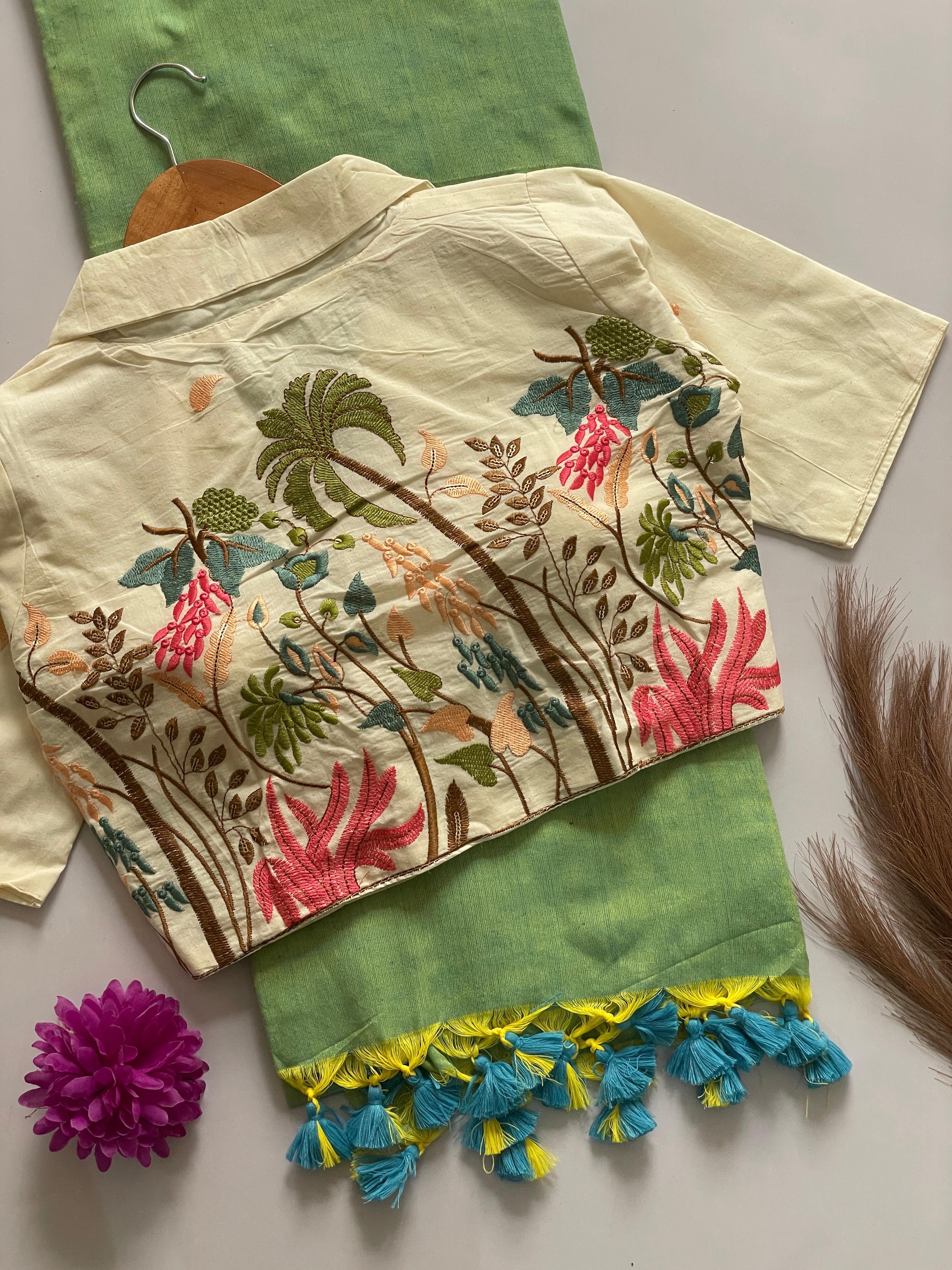 Khadi Cotton Saree With Khadi Cotton Collar Neck Blouse