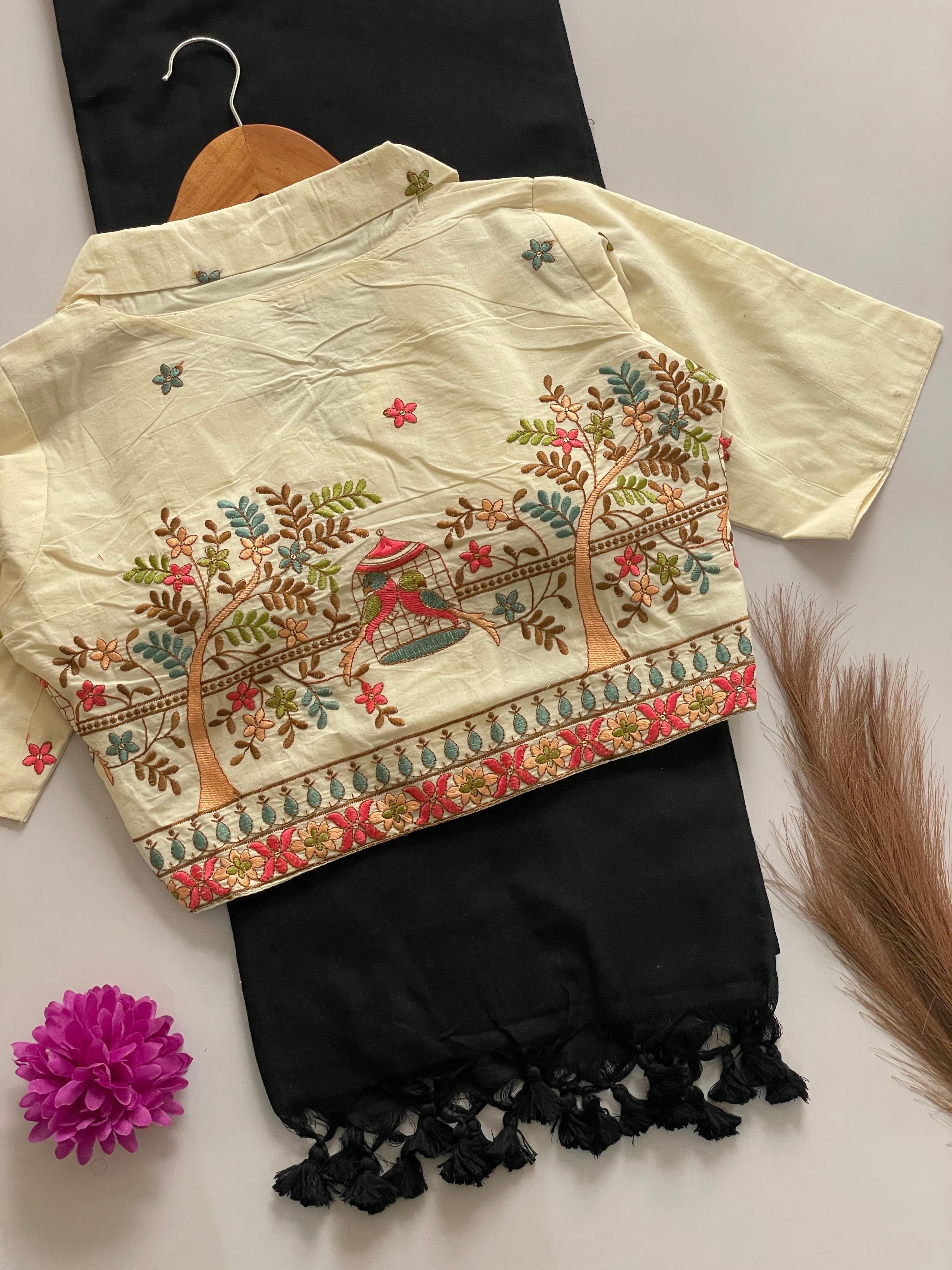 Khadi Cotton Saree With Khadi Cotton Collar Neck Blouse