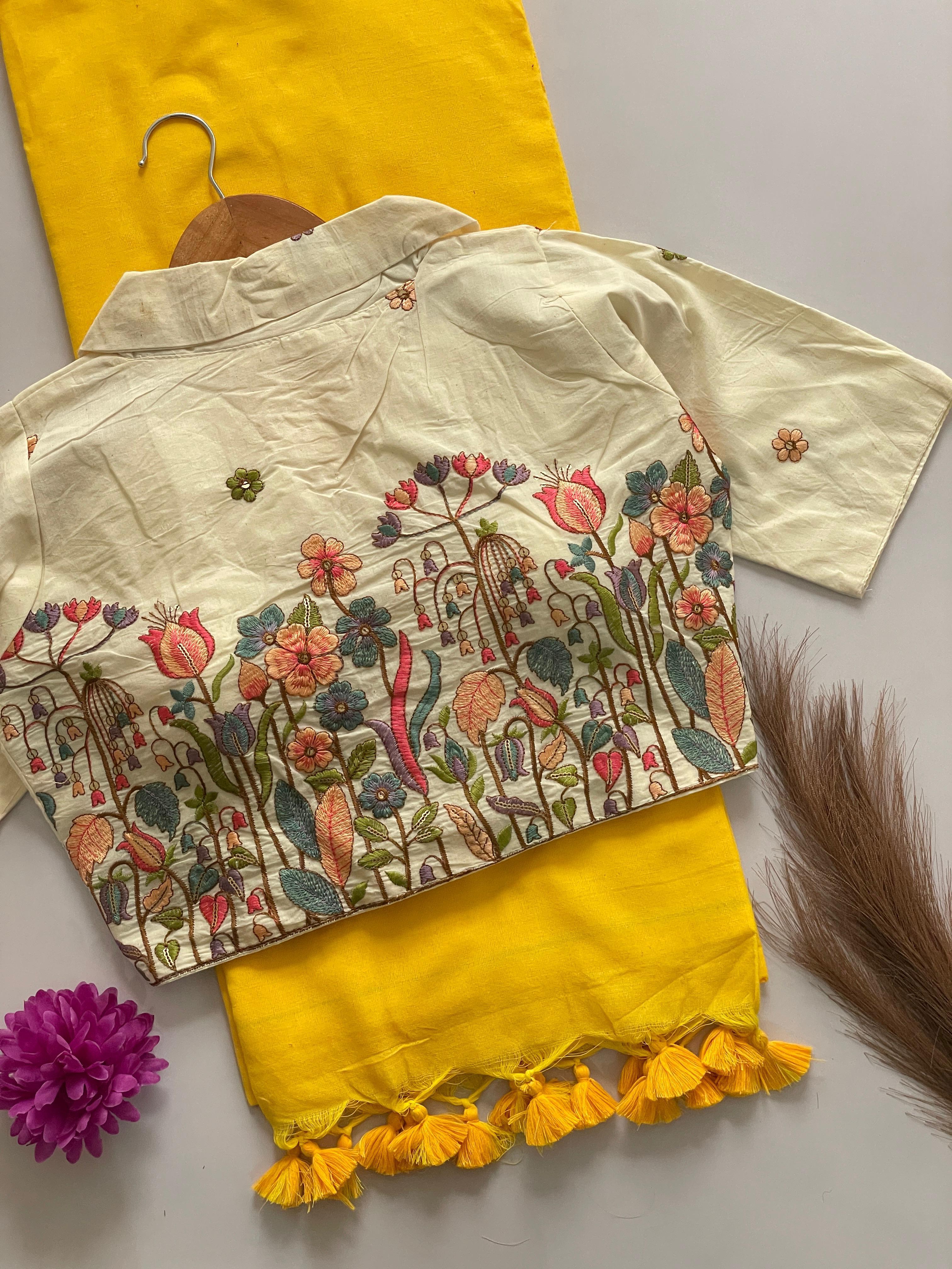 Khadi Cotton Saree With Khadi Cotton Collar Neck Blouse