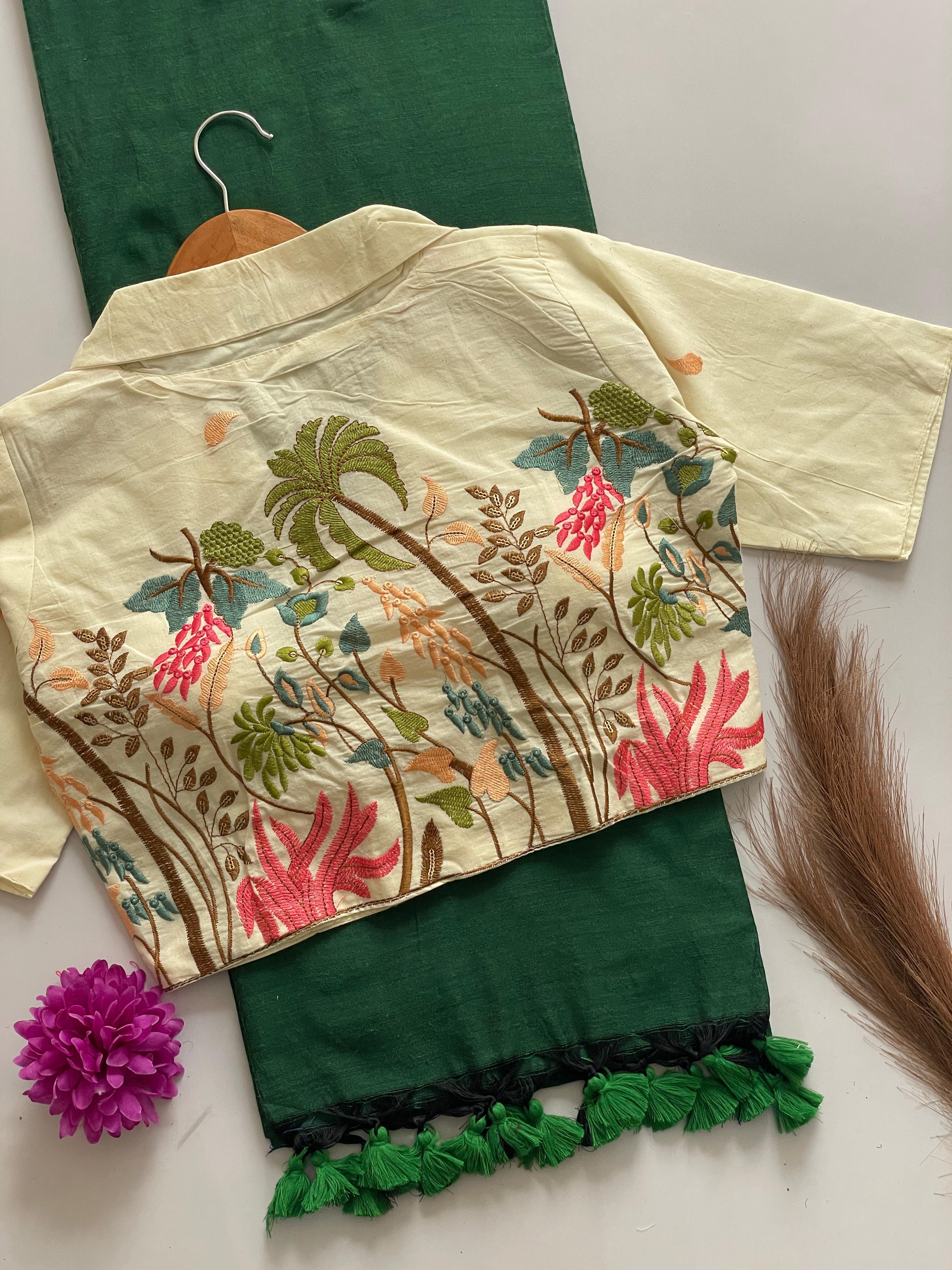 Khadi Cotton Saree With Khadi Cotton Collar Neck Blouse