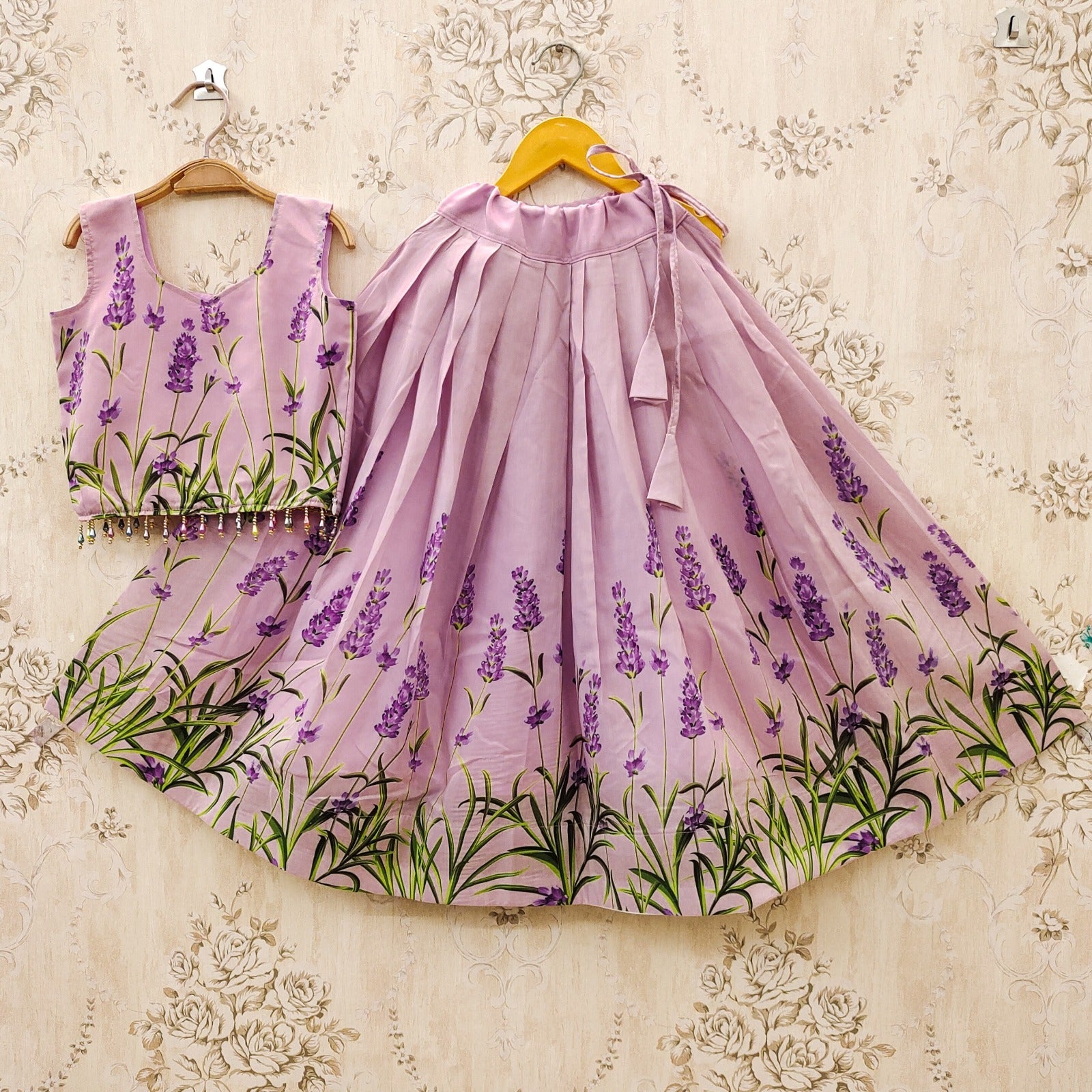 Kids Lehenga Choli with Floral Prints & Pleated Flare