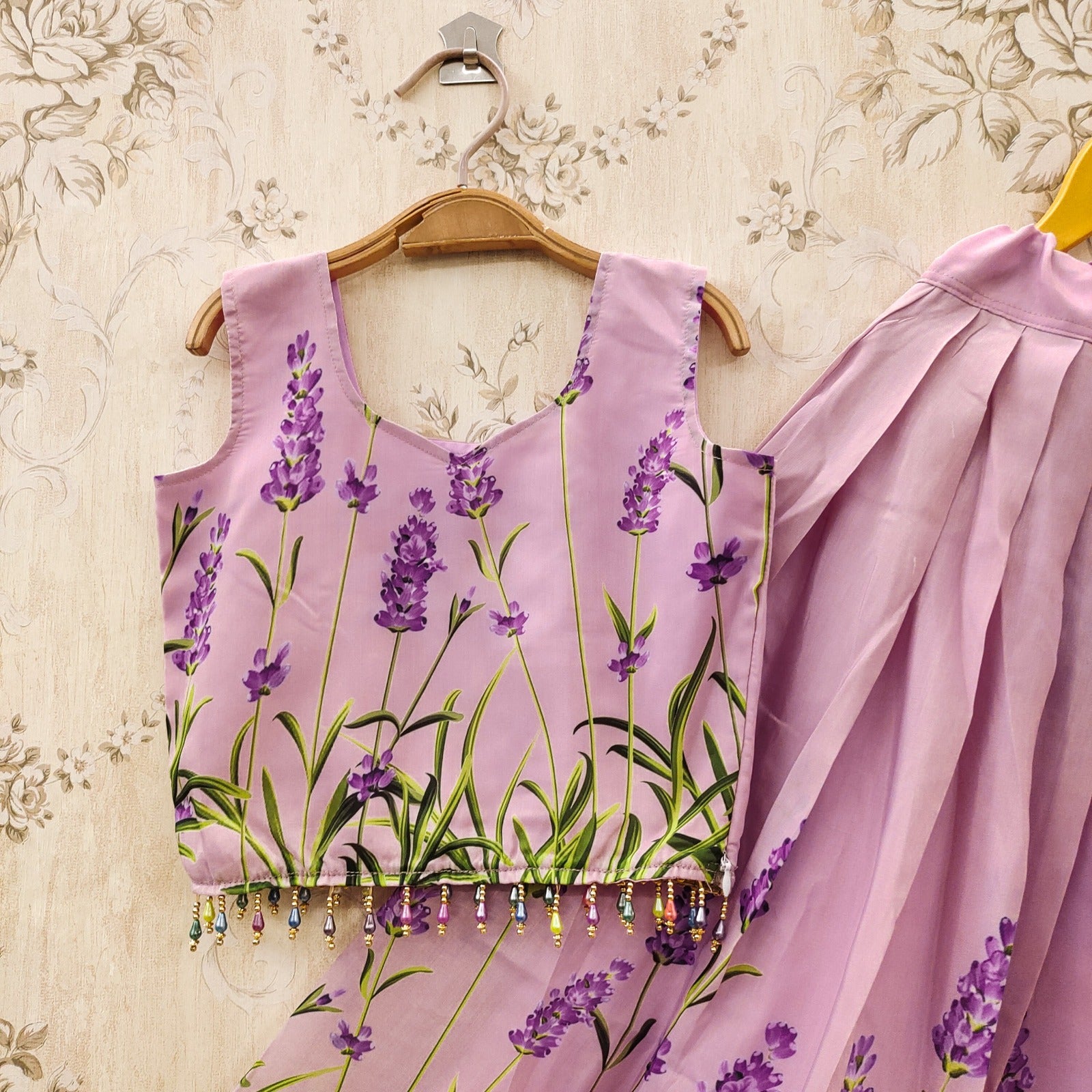 Kids Lehenga Choli with Floral Prints & Pleated Flare