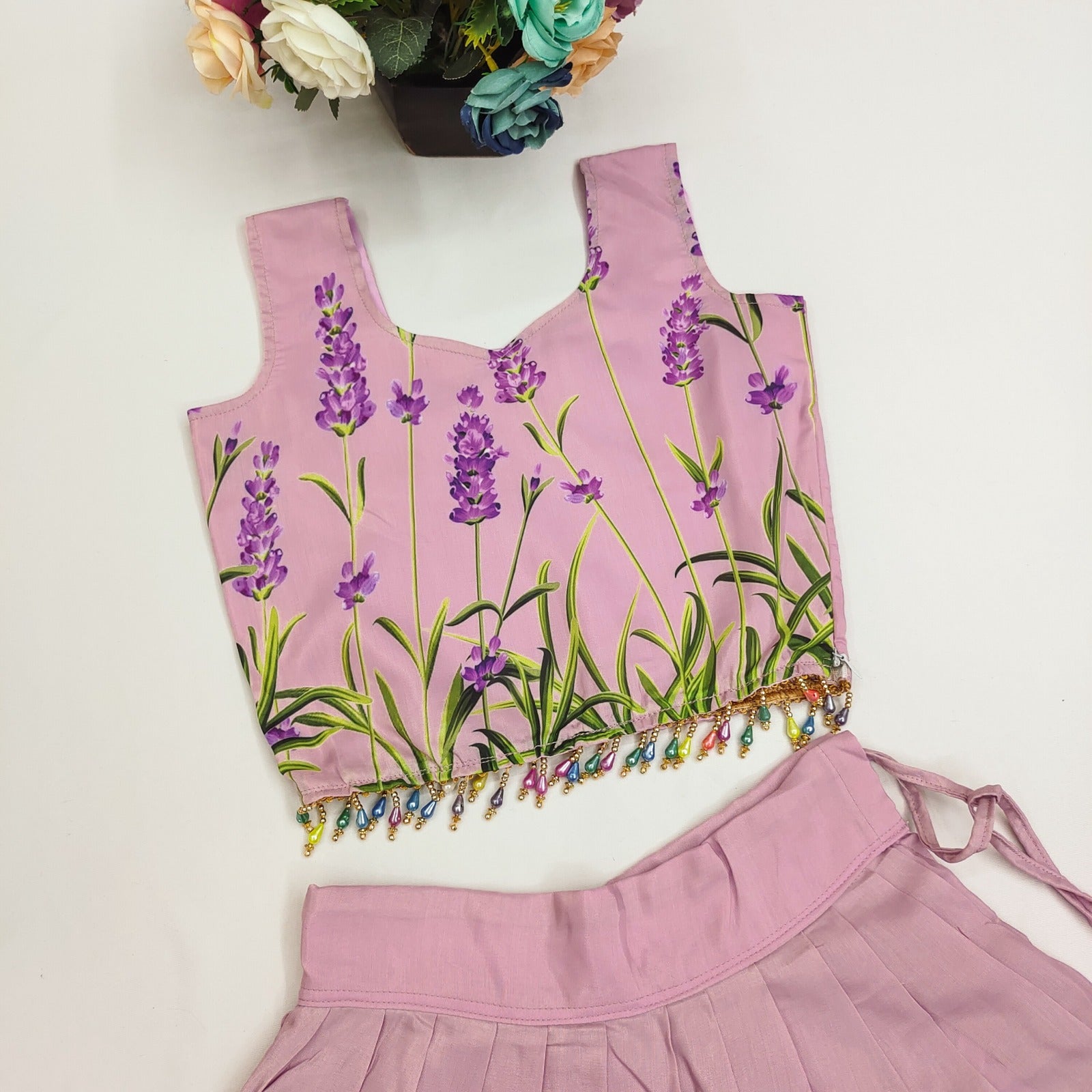 Kids Lehenga Choli with Floral Prints & Pleated Flare