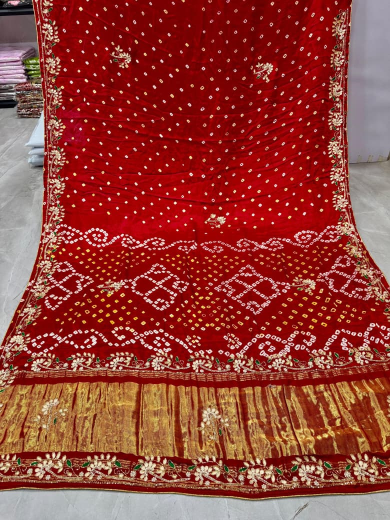 Gaji Silk Bandhej Saree With Gota Pati Work