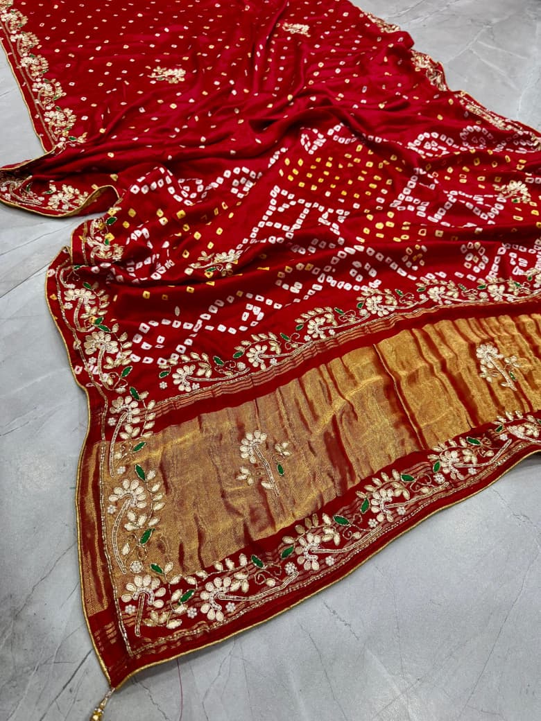 Gaji Silk Bandhej Saree With Gota Pati Work