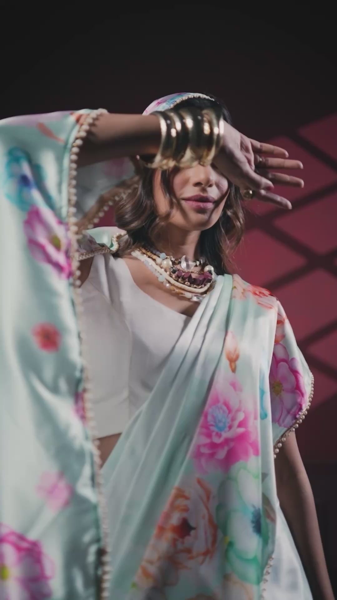 Pearl-Edged Floral Satin Saree